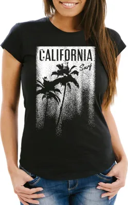 Produktbild von Damen T-Shirt California Surf Palmen Slim Fit Neverless® schwarz L