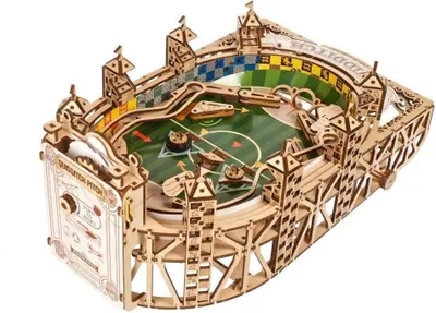 A 3D wooden model of a Quidditch pitch.