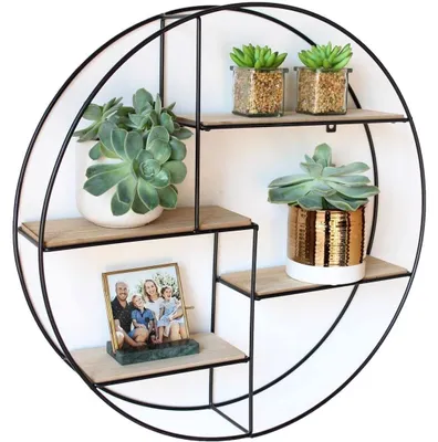Productafbeelding van Wandrek rond - 4 planken - 55 x 11 cm - Hout en zwart metaal - Hoekplank zwevend