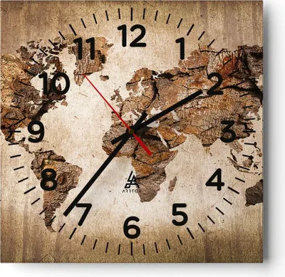 Produktbild von Wanduhr - Quadrat - Glasuhr - Karte Welt modern - 30x30cm - Schleichendes Uhrwerk - Lautlos - zum Aufhängen bereit - Dekoration Modern - Wanddekoration aus Glas - C4AC30x30-3590