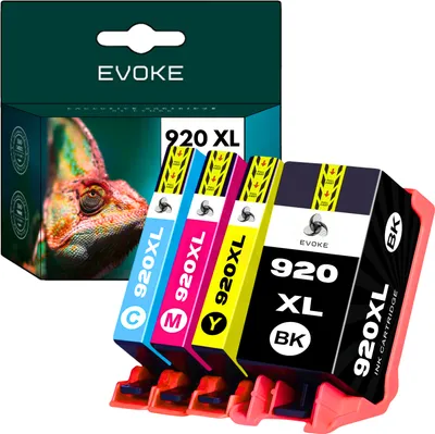 A box of four EVOKE 920 XL ink cartridges with a chameleon on the front, and the cartridges themselves are displayed in front of the box.