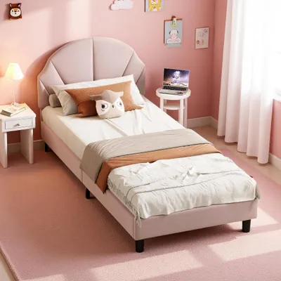 Obrázok produktu pre UnboxG Detská posteľ 90x200 cm Ružová zo zamatu s výškovo nastaviteľným čelom – Čalúnená jednolôžková posteľ pre deti a mládež, čalúnená posteľ