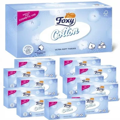 Zdjęcie produktu dla Chusteczki Foxy Cotton Ultra miękkie 3 warstwy 90 sztuk x 12 opakowań