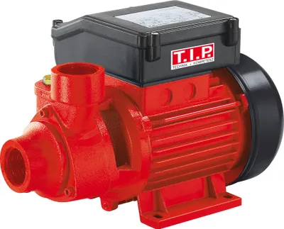 A red and black water pump is shown against a white background.