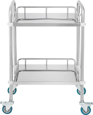 A two-tiered stainless steel utility cart with blue wheels, shown against a white background.
