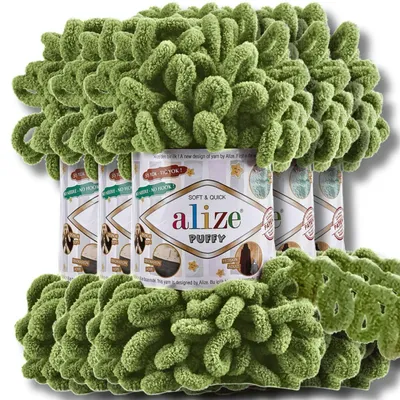 Produktbild von Alize 5x 100g Puffy Wolle, Uni, Häkeln, Stricken (Olive Green - 485)
