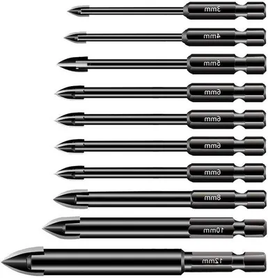 Produktbild von Bohrer-Set für Fliesen und Glas, 10-teilig, 3-12mm, Wolframcarbid