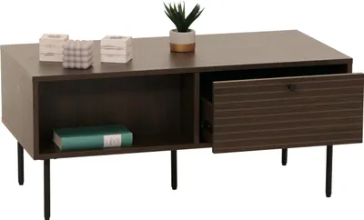 Zdjęcie produktu dla Stolik kawowy HWC-N78, stolik rozkładany do salonu, styl skandynawski metal drewno melamina MVG 45x100x50cm ~ ciemny brąz