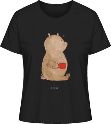 Produktbild von Mr. & Mrs. Panda Damen Basic T-Shirt Bär Morgenkaffee Größe M - Schwarz - Geschenk, für Freundin, Liebesbeweis, Hochzeitstag, Kurzarmshirt, Valentinstag, Shirt, Freund
