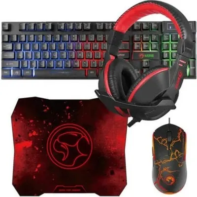 A gaming keyboard, headset, mousepad, and mouse are arranged on a white background.