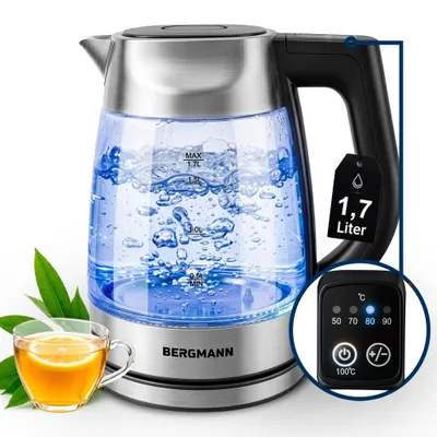 Zdjęcie produktu dla Szklany czajnik BERGMANN FR002 1,7L do kuchni, czajnik elektryczny o mocy 2200W z regulacją temperatury i podświetleniem LED