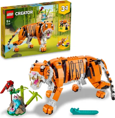 Produktbild von LEGO 31129 Creator Majestätischer Tiger, Panda oder Fisch, 3-in-1 Tierfiguren-Set, Spielzeug für Kinder, Jungen und Mädchen, Konstruktionsspielzeug mit Tieren