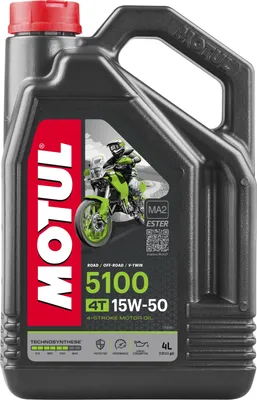 A black plastic jug of Motul 5100 4T Ester 15W-50 4-stroke motor oil, featuring a graphic of a person riding a motorcycle.