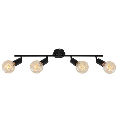 A black ceiling light fixture with four exposed filament light bulbs.