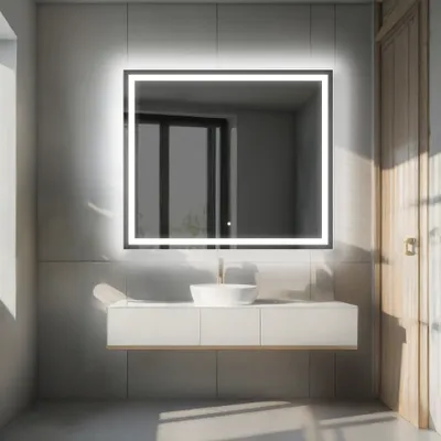 A modern bathroom vanity with a sink and a large, illuminated mirror above it.