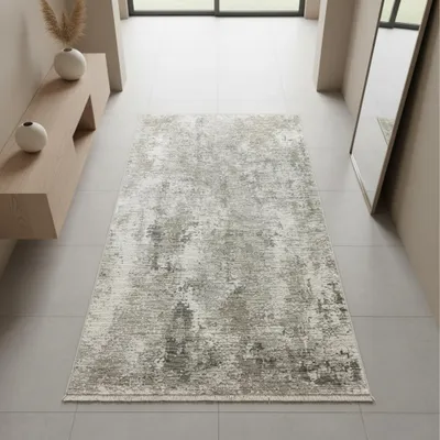 Produktbild von Teppich Grau Creme mit abstrakter Struktur, Fransen und modernem Design Größe - 80 x 150 cm