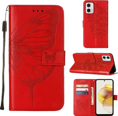 Produktbild von Lederhülle für Motorola Moto G73 Schmetterling Prägung Flip Ledertasche Kartenfächer Handyhülle mit Ständer Rot