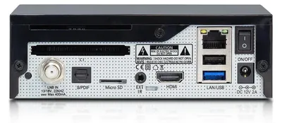 The back panel of a black satellite receiver with various ports and labels.