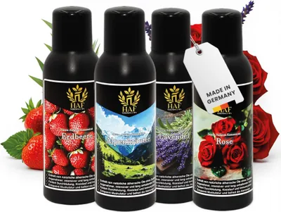 Produktbild von HAF Saunaaufguss Set „Frühlingshauch“ - 4 x 100ml Sauna Aufgussmittel Alpenkräuter, Erdbeere, Lavendel, Rose