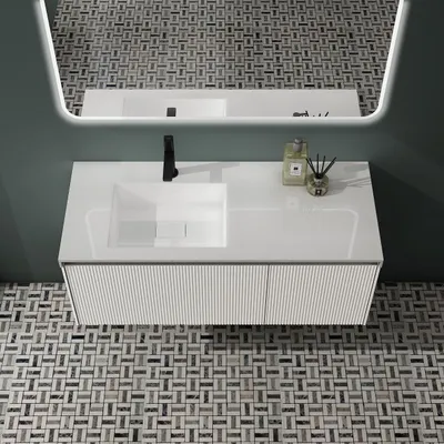 Produktbild von Mai & Mai Design Badmöbelset Waschbeckenunterschrank 120cm in Weiß mit Softclose Schubladen inkl. Mineralguss Waschbecken Santa
