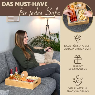 Produktbild von eluno Couchbar, Serviertablett, Sofatablett aus Bambus mit Edelstahl Snackschalen inklusive Getränkehalter