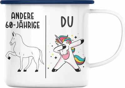 Produktbild von Trendation - 60. Geburtstag Frauen Emaille Tasse Einhorn Geschenk Geschenkidee 60er Geburtstag Mutter Mama (Blau)