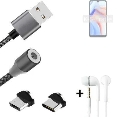 Produktbild von K-S-Trade® Hochwertiges Magnet-Lade-kabel Sync-Kabel Daten-Kabel + Kopfhörer für Cubot Note 8 mit USB-Typ-C-Anschluss und Micro-USB-Anschluss 2A