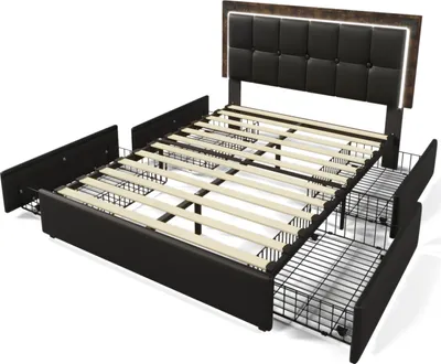 Produktbild von Doppelbett,Polsterbett(160x200cm,Ohne Matratze)Funktionsbett,mit LED-Beleuchtungsleiste und 4 Schubladen,Höhenverstellbarem Kopfteil