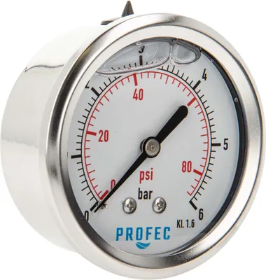 Produktbild von Profec Manometer 0 - 6 bar, Glyzeringefüllt, Ø 63 mm, 1/4 Zoll Anschluss nach hinten Axial, Überdruck-Manometer