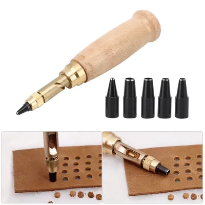 Produktbild von 6Pcs Automatische Leder Locher Holz Griff Austauschbare Handwerk Rotierenden Stanzwerkzeug