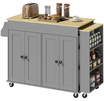Image de Îlot de cuisine mobile - Chariot de cuisine - Plan de travail extensible - 2 placards et étagères - Bois - Gris
