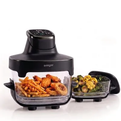 Image de Friteuse à air Seeger ClearFry en verre, sans PFAS, avec 2 récipients en verre (4,5 L + 2,5 L) et couvercles de conservation, réglable de 60°C à 200°C, friteuse à air portable