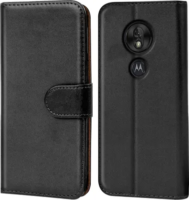 A black leather flip case for a Motorola Moto G7 Play phone is shown from the front and back.