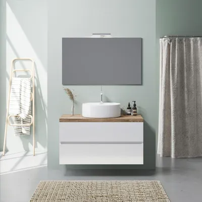 Immagine prodotto di Mobile bagno sospeso 100cm bianco lucido top rovere lavabo a ciotola | Elba