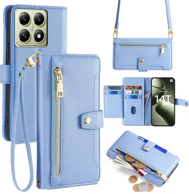 Produktbild von Handykette für Xiaomi 14T – Kunstleder Hülle mit Band, Kartenfächer & Umhängetasche Hellblau