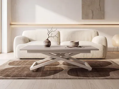 Produktbild von Couchtisch Höhenverstellbar Ausziehbar – Wohnzimmertisch & Esstisch mit Rollen, X-Metallgestell in Kaschmir – 120 x 80 cm bis 160 x 80 cm – Kaschmir