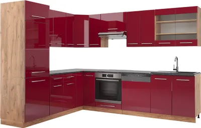 Produktbild von Eckküche Vicco Fame-Line Bordeaux Hochglanz/Goldkraft Eiche 287 x 46 cm ohne Arbeitsplatte, Model 38645