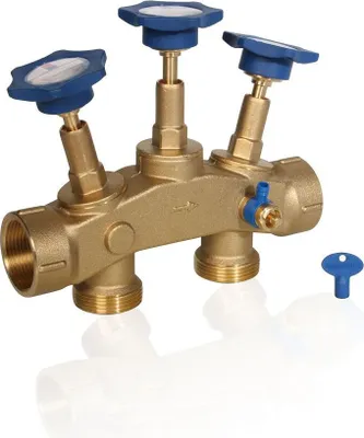 A brass plumbing manifold with three blue-handled valves and a small blue key.