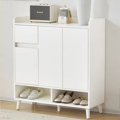 Immagine prodotto di OKWISH Sideboard - Credenza con 2 cassetti e ripiani regolabili, mobile contenitore per il soggiorno o la camera da letto, gambe in legno massiccio - 90x35x99 cm, bianco