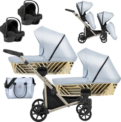 Produktbild von Kinderwagen IVENTO DUO GLAM 3 in 1 Zwillingskinderwagen Geschwisterwagen Zwillingsbuggy Doppelkinderwagen (Eco Baby Blue Metalic, Rahmen: champagne)