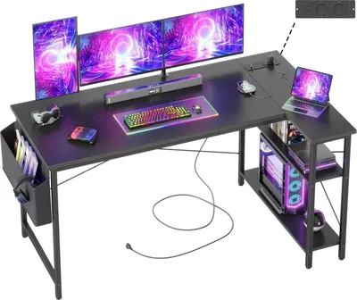Image de Bureau de jeu en L avec prises électriques et espace de rangement, 140 x 70 cm, noir