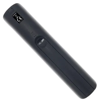 The back of a black TV remote control is shown against a white background.