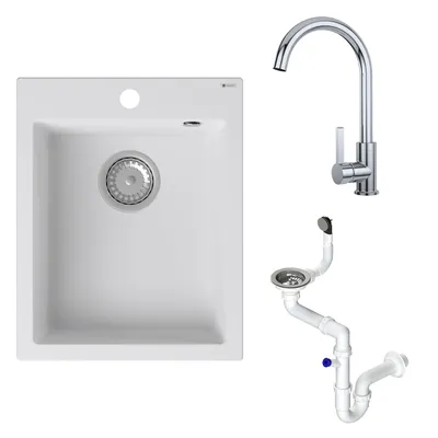 Produktbild von GranMaster Ivo Granitspüle mit Armatur 1 Becken mit Siphon in 3 Farben Spülbecken Arbeitsplatte Küche Waschbecken mit Wasserhahn Spüle Abtropffläche