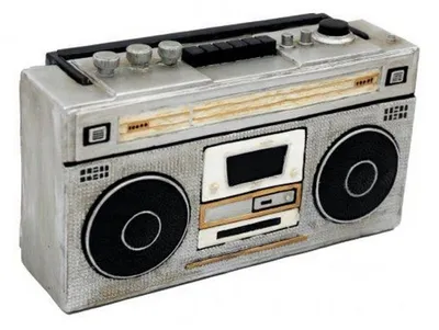 Produktbild von Retro-Spardose Radio-/Kassettenrecorder-Design mit Drehverschluss | Material: Polyresin | Farbe: mehrfarbig bemalt | Maße: ca. 20 x 6 x 11 cm
