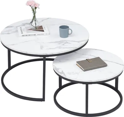 Zdjęcie produktu dla Zestaw stolików salonowych Bolt Edge – 2 okrągłe – wygląd marmuru, biały – czarna metalowa rama – 60 i 40 cm – nowoczesny i elegancki