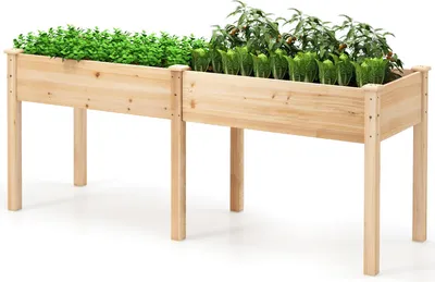 Produktbild von GOPLUS Hochbeet aus Holz Pflanzenbeet mit 8 Abflussloch, Erhöhtes Gartenbeet mit Trennwand, kräuterbeet Balkon, Natur