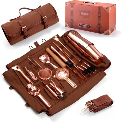 Productafbeelding van Reis Bartender Kit met Tasche - 17-delige koperen bargereedschap set cocktailshakerset
