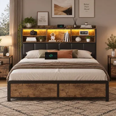 Obrázek produktu pro Postel INONEFT, rozměr 160x200 cm, čalouněná, s LED osvětlením a funkcí USB nabíjení, kovový rám s 4 zásuvkami, dvojlůžko s čelem a úložným prostorem, potah z PU, černá barva