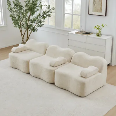Image de Canapé modulaire beige en velours, 3 places, design en forme de vague, profondeur d'assise de 288 cm