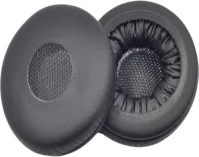 Two black ear pads for headphones are shown against a white background.